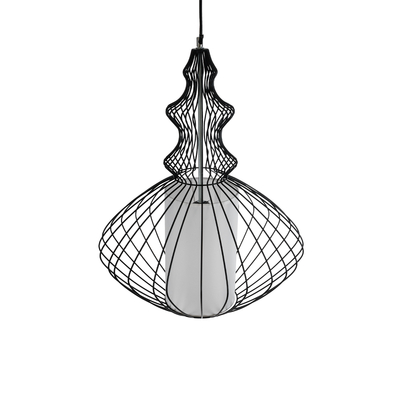 GloboStar® LILY 01558 Vintage Κρεμαστό Φωτιστικό Πλέγμα Μονόφωτο 1 x E27 IP20 Μαύρο Μέταλλο με Λευκό Ύφασμα - Μ43 x Π43 x Υ55cm