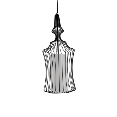 GloboStar® LILY 01559 Vintage Κρεμαστό Φωτιστικό Πλέγμα Μονόφωτο 1 x E27 IP20 Μαύρο Μέταλλο με Λευκό Ύφασμα - Μ25 x Π25 x Υ61cm