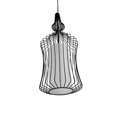 GloboStar® LILY 01559 Vintage Κρεμαστό Φωτιστικό Πλέγμα Μονόφωτο 1 x E27 IP20 Μαύρο Μέταλλο με Λευκό Ύφασμα - Μ25 x Π25 x Υ61cm