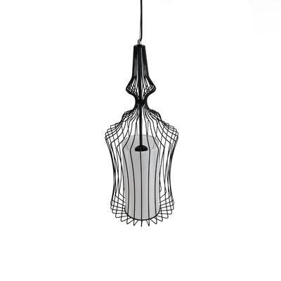 GloboStar® LILY 01559 Vintage Κρεμαστό Φωτιστικό Πλέγμα Μονόφωτο 1 x E27 IP20 Μαύρο Μέταλλο με Λευκό Ύφασμα - Μ25 x Π25 x Υ61cm