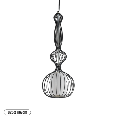 GloboStar® LILY 01560 Vintage Κρεμαστό Φωτιστικό Πλέγμα Μονόφωτο 1 x E27 IP20 Μαύρο Μέταλλο με Λευκό Ύφασμα - Μ25 x Π25 x Υ67cm