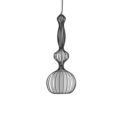 GloboStar® LILY 01560 Vintage Κρεμαστό Φωτιστικό Πλέγμα Μονόφωτο 1 x E27 IP20 Μαύρο Μέταλλο με Λευκό Ύφασμα - Μ25 x Π25 x Υ67cm