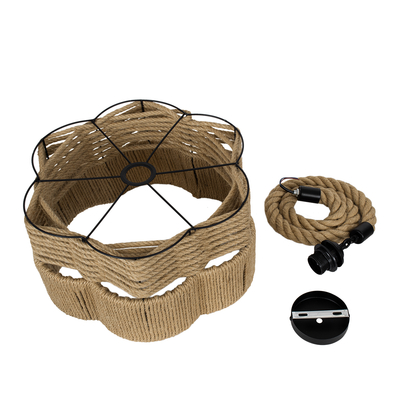 GloboStar® TONDO 01604 Boho Κρεμαστό Φωτιστικό Καπέλο Μονόφωτο 1 x E27 IP20 Μπεζ Σχοινί με Μαύρο Μέταλλο - Μ38 x Π38 x Y21cm