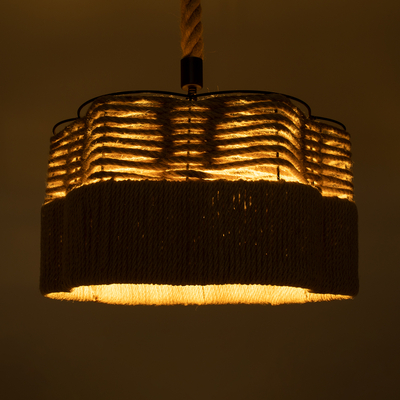 GloboStar® TONDO 01604 Boho Κρεμαστό Φωτιστικό Καπέλο Μονόφωτο 1 x E27 IP20 Μπεζ Σχοινί με Μαύρο Μέταλλο - Μ38 x Π38 x Y21cm