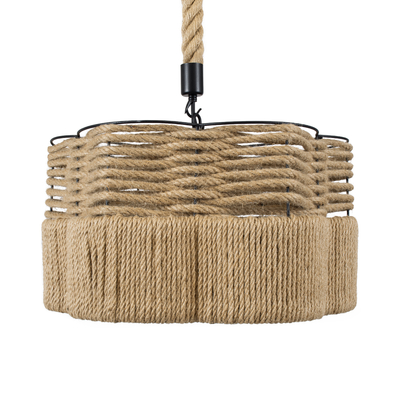 GloboStar® TONDO 01604 Boho Κρεμαστό Φωτιστικό Καπέλο Μονόφωτο 1 x E27 IP20 Μπεζ Σχοινί με Μαύρο Μέταλλο - Μ38 x Π38 x Y21cm