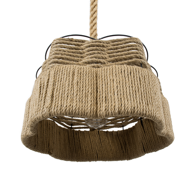 GloboStar® TONDO 01604 Boho Κρεμαστό Φωτιστικό Καπέλο Μονόφωτο 1 x E27 IP20 Μπεζ Σχοινί με Μαύρο Μέταλλο - Μ38 x Π38 x Y21cm