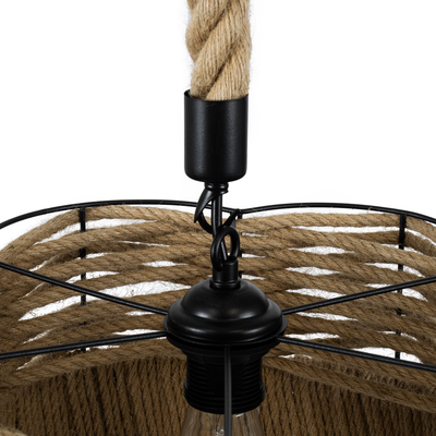 GloboStar® TONDO 01604 Boho Κρεμαστό Φωτιστικό Καπέλο Μονόφωτο 1 x E27 IP20 Μπεζ Σχοινί με Μαύρο Μέταλλο - Μ38 x Π38 x Y21cm