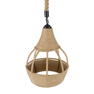 GloboStar® KUBRIC 01605 Boho Κρεμαστό Φωτιστικό Καμπάνα Μονόφωτο 1 x E27 IP20 Μπεζ Σχοινί - Μ30 x Π30 x Y40cm