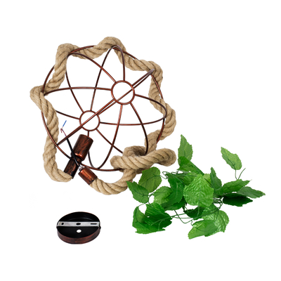 GloboStar® BRADLEY 01660 Vintage Κρεμαστό Φωτιστικό Πλέγμα Μονόφωτο 1 x E27 IP20 Μπεζ Σχοινί, Πράσινο Πλαστικό με Χάλκινο Μέταλλο - Μ33 x Π33 x Y33cm