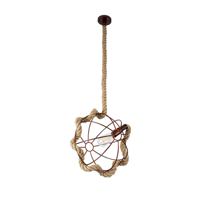 GloboStar® BRADLEY 01660 Vintage Κρεμαστό Φωτιστικό Πλέγμα Μονόφωτο 1 x E27 IP20 Μπεζ Σχοινί, Πράσινο Πλαστικό με Χάλκινο Μέταλλο - Μ33 x Π33 x Y33cm