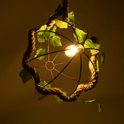 GloboStar® BRADLEY 01661 Vintage Κρεμαστό Φωτιστικό Πλέγμα Μονόφωτο 1 x E27 IP20 Μπεζ Σχοινί, Πράσινο Πλαστικό με Χάλκινο Μέταλλο - Μ42 x Π42 x Y42cm