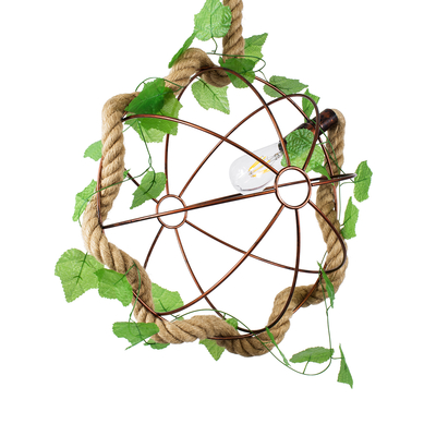 GloboStar® BRADLEY 01661 Vintage Κρεμαστό Φωτιστικό Πλέγμα Μονόφωτο 1 x E27 IP20 Μπεζ Σχοινί, Πράσινο Πλαστικό με Χάλκινο Μέταλλο - Μ42 x Π42 x Y42cm