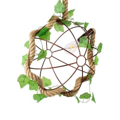 GloboStar® BRADLEY 01661 Vintage Κρεμαστό Φωτιστικό Πλέγμα Μονόφωτο 1 x E27 IP20 Μπεζ Σχοινί, Πράσινο Πλαστικό με Χάλκινο Μέταλλο - Μ42 x Π42 x Y42cm