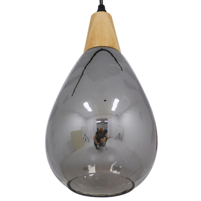 GloboStar® NOAH 01489 Μοντέρνο Κρεμαστό Φωτιστικό Ανάρτηση Μονόφωτο 1 x E27 IP20 Γκρι Γυαλί με Μπεζ Ξύλο - Μ16 x Π16 x Υ30cm