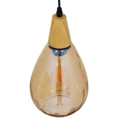 GloboStar® NOAH 01490 Μοντέρνο Κρεμαστό Φωτιστικό Ανάρτηση Μονόφωτο 1 x E27 IP20 Μελί Γυαλί με Μπεζ Ξύλο - Μ16 x Π16 x Υ30cm