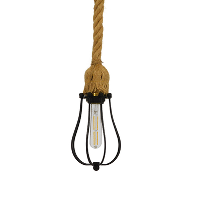 GloboStar® CAMBER 01594 Vintage Κρεμαστό Φωτιστικό Πλέγμα Μονόφωτο 1 x E27 IP20 Μαύρο Μέταλλο με Μπεζ Σχοινί - Μ11 x Π11 x Υ25cm