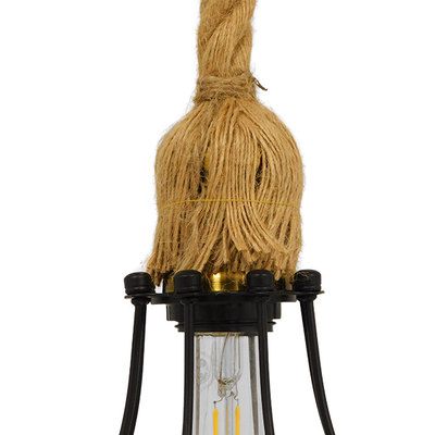 GloboStar® CAMBER 01594 Vintage Κρεμαστό Φωτιστικό Πλέγμα Μονόφωτο 1 x E27 IP20 Μαύρο Μέταλλο με Μπεζ Σχοινί - Μ11 x Π11 x Υ25cm