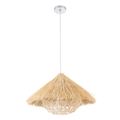 GloboStar® CHEOPE 01599 Boho Κρεμαστό Φωτιστικό Πλέγμα Μονόφωτο 1 x E27 IP20 Μπεζ Ξύλο με Μπεζ Rattan - Μ45 x Π45 x Y35cm