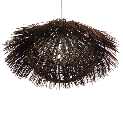 GloboStar® CHEOPE 01600 Boho Κρεμαστό Φωτιστικό Πλέγμα Μονόφωτο 1 x E27 IP20 Καφέ Ξύλο με Καφέ Rattan - Μ50 x Π50 x Y30cm