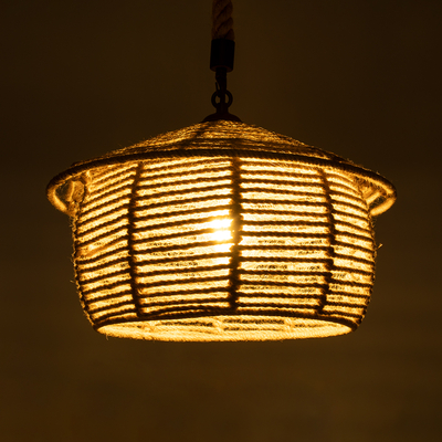 GloboStar® SPIRIT 01607 Boho Κρεμαστό Φωτιστικό Καμπάνα Μονόφωτο 1 x E27 IP20 Μπεζ Σχοινί - Μ35 x Π35 x Y30cm