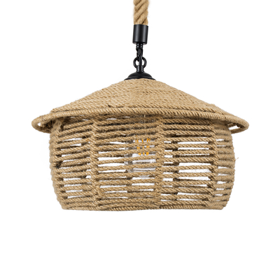 GloboStar® SPIRIT 01607 Boho Κρεμαστό Φωτιστικό Καμπάνα Μονόφωτο 1 x E27 IP20 Μπεζ Σχοινί - Μ35 x Π35 x Y30cm