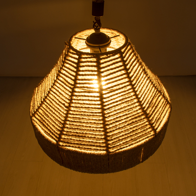 GloboStar® DOGMA 01609 Boho Κρεμαστό Φωτιστικό Καμπάνα Μονόφωτο 1 x E27 IP20 Μπεζ Σχοινί - Μ38 x Π38 x Y28cm