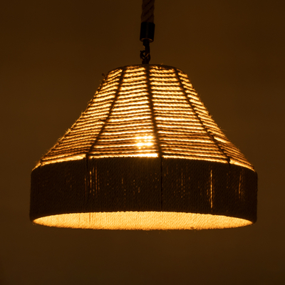 GloboStar® DOGMA 01609 Boho Κρεμαστό Φωτιστικό Καμπάνα Μονόφωτο 1 x E27 IP20 Μπεζ Σχοινί - Μ38 x Π38 x Y28cm