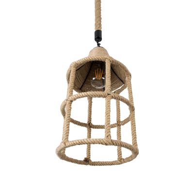 GloboStar® YUBA 01612 Boho Κρεμαστό Φωτιστικό Πλέγμα Μονόφωτο 1 x E27 IP20 Μπεζ Σχοινί - Μ22 x Π22 x Y40cm