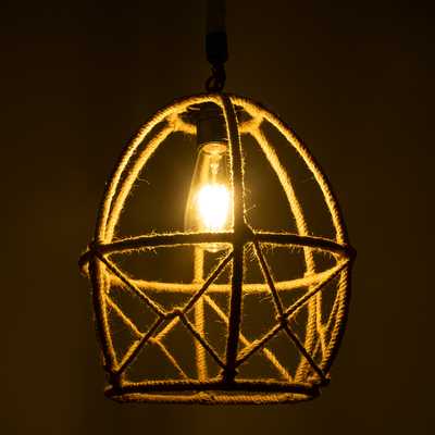 GloboStar® TELAN 01615 Vintage Κρεμαστό Φωτιστικό Πλέγμα Μονόφωτο 1 x E27 IP20 Μπεζ Σχοινί - Μ30 x Π30 x Υ38cm