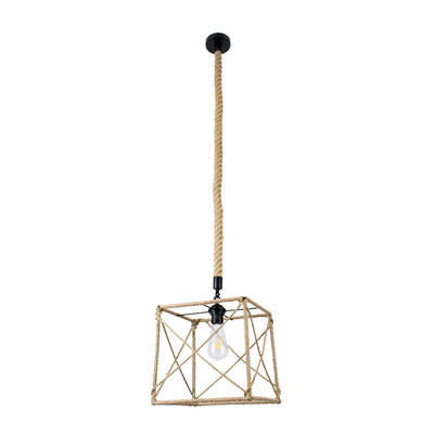 GloboStar® POLISHED 01616 Vintage Κρεμαστό Φωτιστικό Πλέγμα Μονόφωτο 1 x E27 IP20 Μαύρο Μέταλλο με Μπεζ Σχοινί - Μ30 x Π28 x Υ30cm