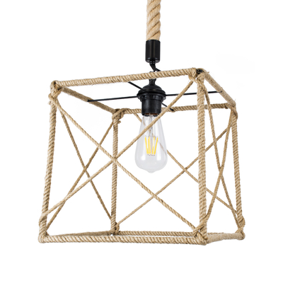 GloboStar® POLISHED 01616 Vintage Κρεμαστό Φωτιστικό Πλέγμα Μονόφωτο 1 x E27 IP20 Μαύρο Μέταλλο με Μπεζ Σχοινί - Μ30 x Π28 x Υ30cm