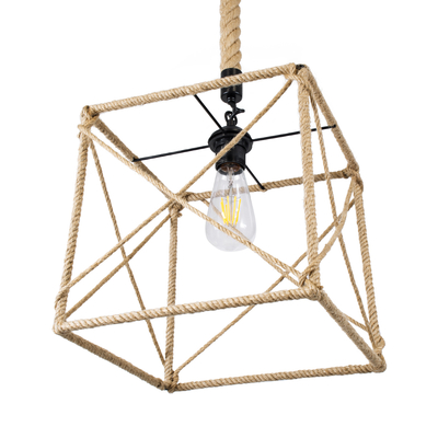 GloboStar® POLISHED 01616 Vintage Κρεμαστό Φωτιστικό Πλέγμα Μονόφωτο 1 x E27 IP20 Μαύρο Μέταλλο με Μπεζ Σχοινί - Μ30 x Π28 x Υ30cm