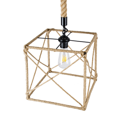 GloboStar® POLISHED 01616 Vintage Κρεμαστό Φωτιστικό Πλέγμα Μονόφωτο 1 x E27 IP20 Μαύρο Μέταλλο με Μπεζ Σχοινί - Μ30 x Π28 x Υ30cm