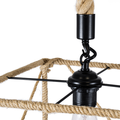 GloboStar® POLISHED 01616 Vintage Κρεμαστό Φωτιστικό Πλέγμα Μονόφωτο 1 x E27 IP20 Μαύρο Μέταλλο με Μπεζ Σχοινί - Μ30 x Π28 x Υ30cm