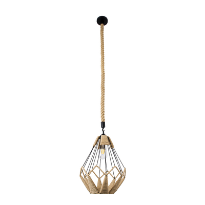 GloboStar® CONICAL 01617 Vintage Κρεμαστό Φωτιστικό Πλέγμα Μονόφωτο 1 x E27 IP20 Μαύρο Μέταλλο με Μπεζ Σχοινί - Μ30 x Π30 x Υ40cm