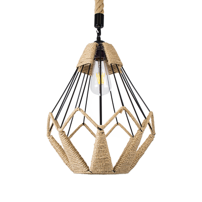 GloboStar® CONICAL 01617 Vintage Κρεμαστό Φωτιστικό Πλέγμα Μονόφωτο 1 x E27 IP20 Μαύρο Μέταλλο με Μπεζ Σχοινί - Μ30 x Π30 x Υ40cm