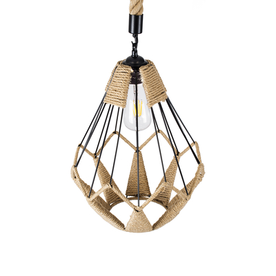 GloboStar® CONICAL 01617 Vintage Κρεμαστό Φωτιστικό Πλέγμα Μονόφωτο 1 x E27 IP20 Μαύρο Μέταλλο με Μπεζ Σχοινί - Μ30 x Π30 x Υ40cm