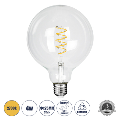 GloboStar® 99137 Λάμπα LED  Soft S Spiral Filament E27 G125 Γλόμπος 4W 300lm 360° AC 220-240V IP20 Φ12.5 x Υ18cm Θερμό Λευκό 2700K με Διάφανο Γυαλί Dimmable - 3 Χρόνια Εγγύηση