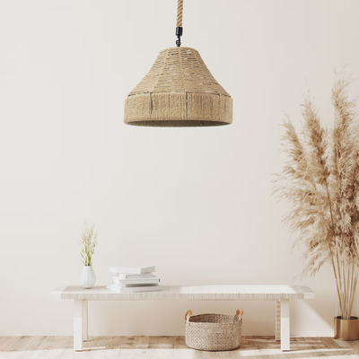 GloboStar® DOGMA 01609 Boho Κρεμαστό Φωτιστικό Καμπάνα Μονόφωτο 1 x E27 IP20 Μπεζ Σχοινί - Μ38 x Π38 x Y28cm