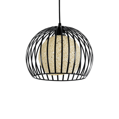 GloboStar® CARTER 00960 Μοντέρνο Κρεμαστό Φωτιστικό Πλέγμα Μονόφωτο 1 x E27 IP20 Μαύρο Μέταλλο με Μπεζ Σχοινί - Μ28 x Π28 x Υ23cm