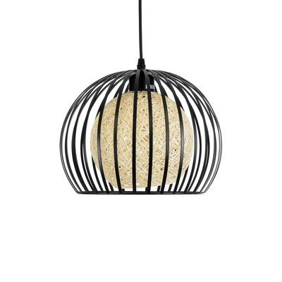 GloboStar® CARTER 00960 Μοντέρνο Κρεμαστό Φωτιστικό Πλέγμα Μονόφωτο 1 x E27 IP20 Μαύρο Μέταλλο με Μπεζ Σχοινί - Μ28 x Π28 x Υ23cm