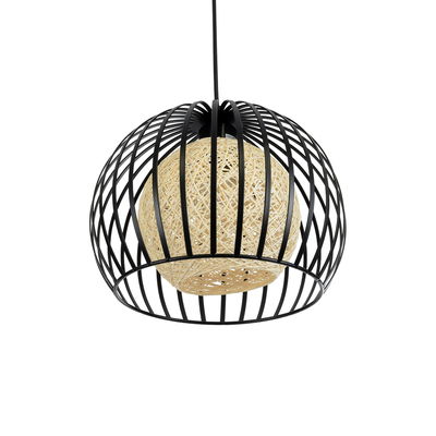 GloboStar® CARTER 00960 Μοντέρνο Κρεμαστό Φωτιστικό Πλέγμα Μονόφωτο 1 x E27 IP20 Μαύρο Μέταλλο με Μπεζ Σχοινί - Μ28 x Π28 x Υ23cm