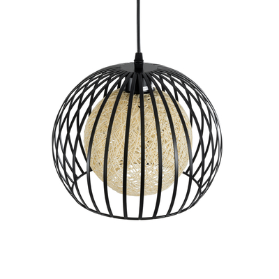 GloboStar® CARTER 00960 Μοντέρνο Κρεμαστό Φωτιστικό Πλέγμα Μονόφωτο 1 x E27 IP20 Μαύρο Μέταλλο με Μπεζ Σχοινί - Μ28 x Π28 x Υ23cm