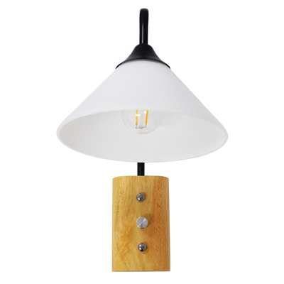 GloboStar® ALESSIA 01457 Μοντέρνο Επιτοίχιο Φωτιστικό Απλίκα Μονόφωτο 1 x E27 IP20 Μαύρο Μέταλλο, Λευκό Γυαλί με Μπεζ Ξύλο - Μ18 x Π26 x Υ29cm