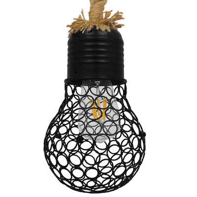 GloboStar® URBAN 01521 Vintage Κρεμαστό Φωτιστικό Πλέγμα Μονόφωτο 1 x E27 IP20 Μαύρο Μέταλλο με Μπεζ Σχοινί - Μ15 x Π15 x Υ25cm