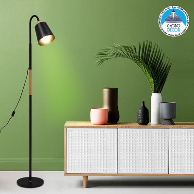 GloboStar® RIBBON 01585 Μοντέρνο Επιδαπέδιο Φωτιστικό Μονόφωτο 1 x E27 IP20 Μαύρο Μέταλλο με Μπεζ Ξύλο - Μ13 x Π13 x Υ164cm