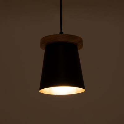 GloboStar® LANA 01424 Μοντέρνο Κρεμαστό Φωτιστικό Κύλινδρος Μονόφωτο 1 x E27 IP20 Μαύρο Μέταλλο με Καρυδί Ξύλο - Μ13 x Π13 x Y17cm