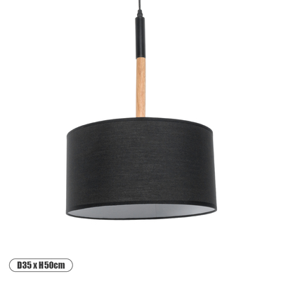 GloboStar® BRONX 01517 Μοντέρνο Κρεμαστό Φωτιστικό Καπέλο Μονόφωτο 1 x E27 IP20 Μαύρο Ύφασμα με Μπεζ Ξύλο - Μ35 x Π35 x Υ50cm