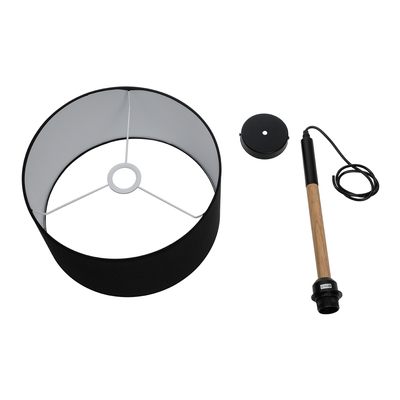 GloboStar® BRONX 01517 Μοντέρνο Κρεμαστό Φωτιστικό Καπέλο Μονόφωτο 1 x E27 IP20 Μαύρο Ύφασμα με Μπεζ Ξύλο - Μ35 x Π35 x Υ50cm