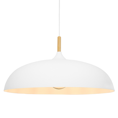 GloboStar® VALLETE 00837 Μοντέρνο Κρεμαστό Φωτιστικό Καμπάνα Μονόφωτο 1 x E27 IP20 Λευκό Μέταλλο με Μπεζ Ξύλο - Μ60 x Π60 x Υ35cm
